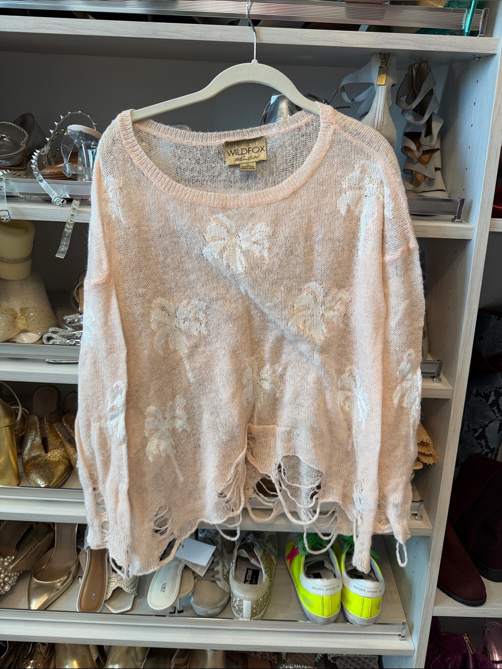 Wildfox Pale Pink Palm Tree Distressed Knit Sweater
